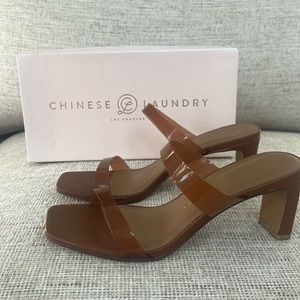 Worn once Chinese laundry 5.5 vinyl strap camel heeled sandal.